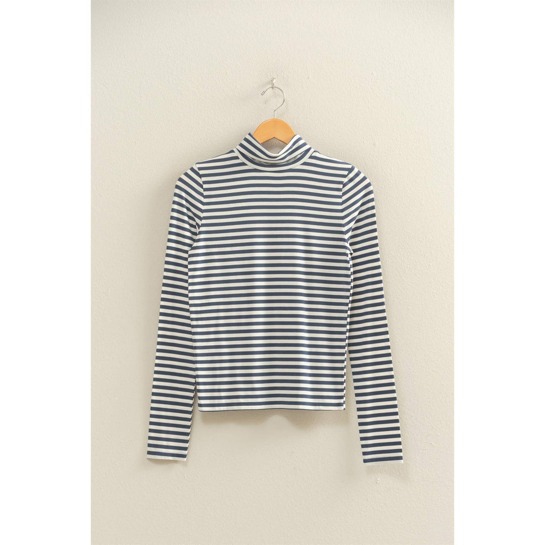 Striped Turtleneck Fitted Long Sleeve Top