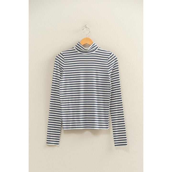 Striped Turtleneck Fitted Long Sleeve Top
