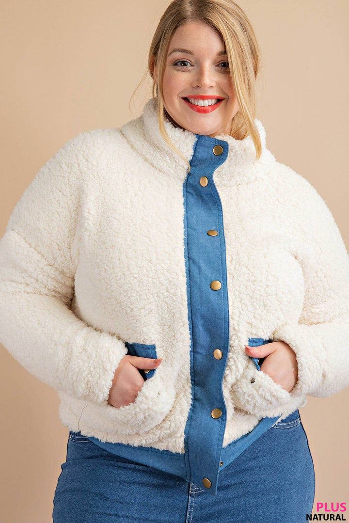 SOFT FAUX FUR CHAMBREY CONTRAST SNAP BUTTON JACKET