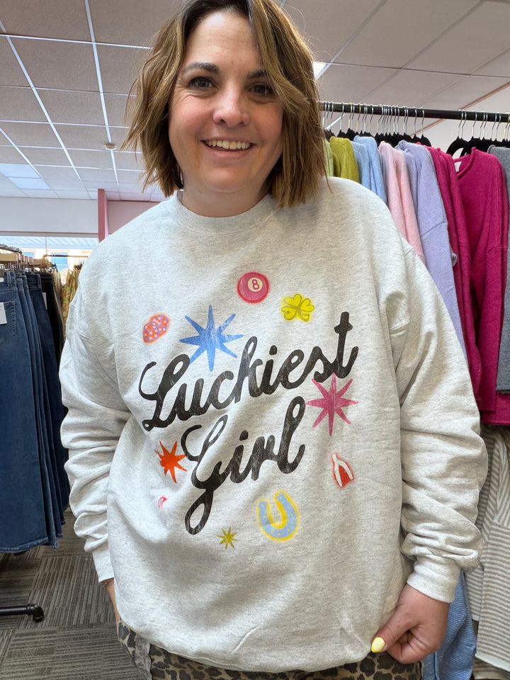 luckiest girl graphic crewneck sweatshirt