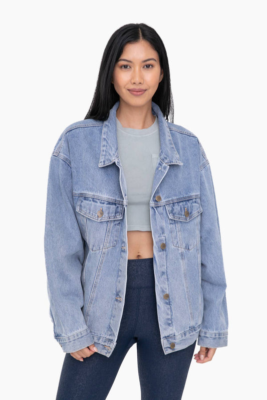 Roxy Boxy-Cut Denim Jacket in 100% cotton, oversized fit with breast and side pockets, available at Onyx Native.