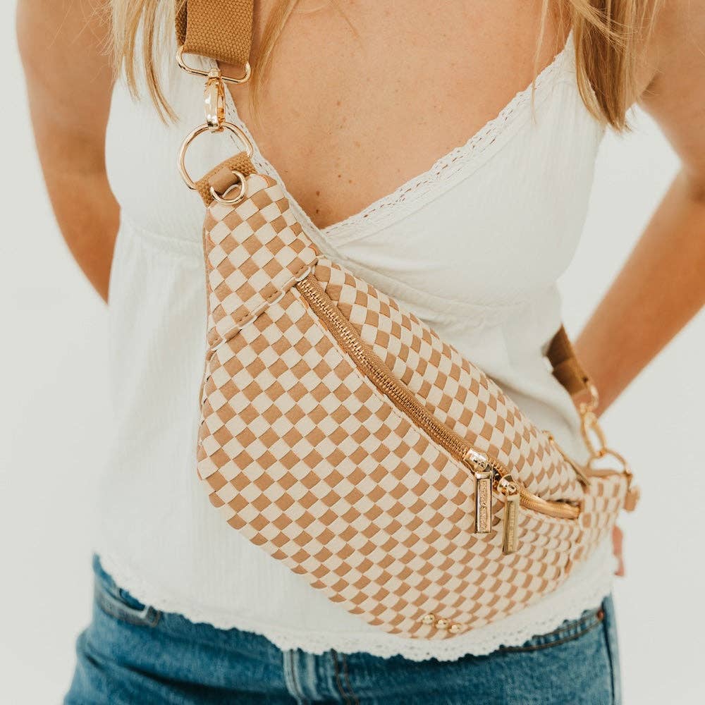 Woven Susie Sidekick Bum Bag: Woven Checkered Tan