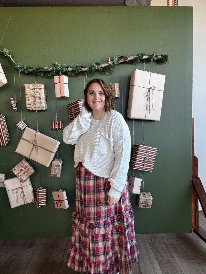 Ruffle Red Check Plaid Tiered Midi Skirt