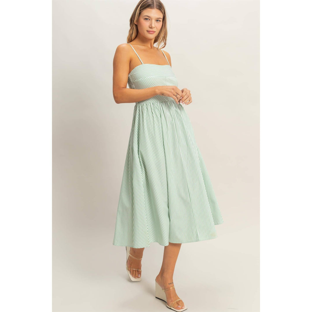 Striped Spaghetti Strap Dress: Sage Green & Orange