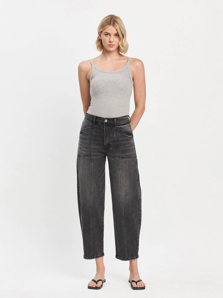SUPER HIGH RISE PANEL DETAIL BARREL JEANS