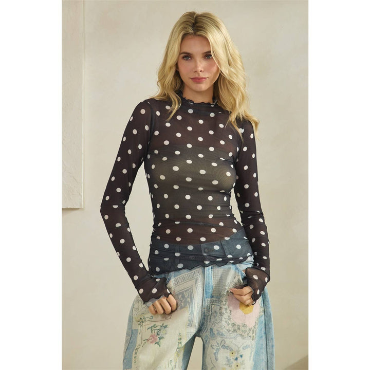 Lace Long Sleeve See Through Top: Ivory Polka Dot