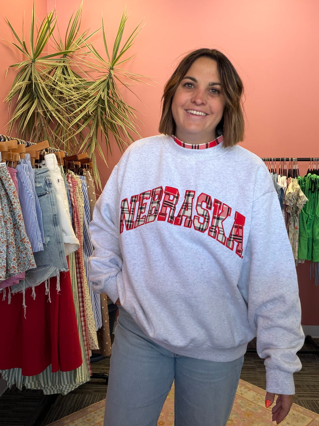 Nebraska Huskers Varsity Plaid Gray Mock Neck Sweatshirt
