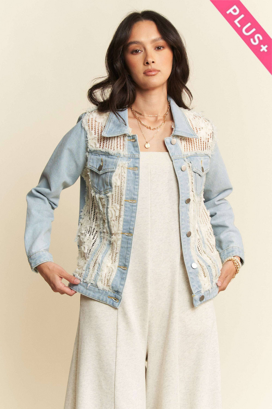 Plus Size Lace Denim Jacket