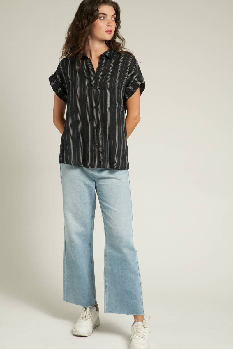 zoomed out view of Stevie Striped Sleeve Button Down Top with short striped sleeves, made from 100% cotton. Model is 5'10" and wearing a size small.