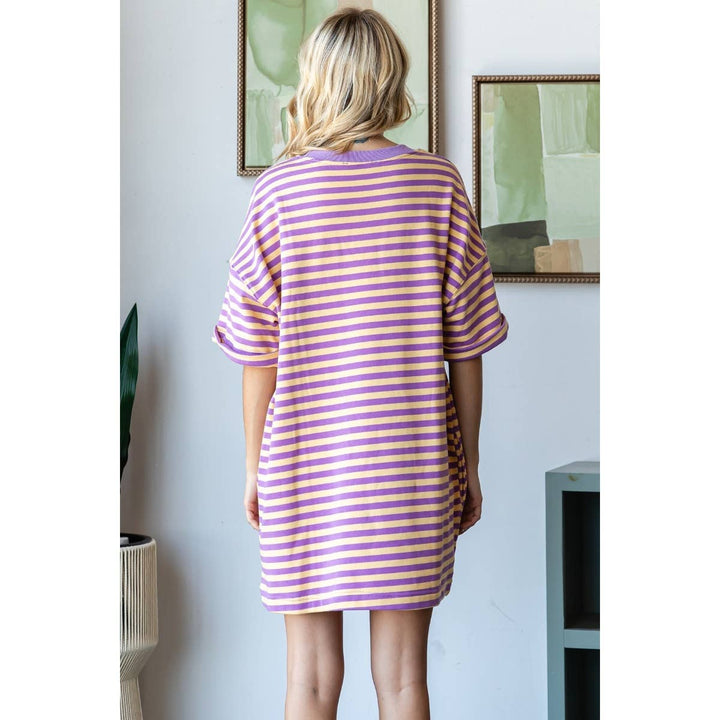 Yellow/Purple Stripe Knit Pullover Oversized Tee Dress