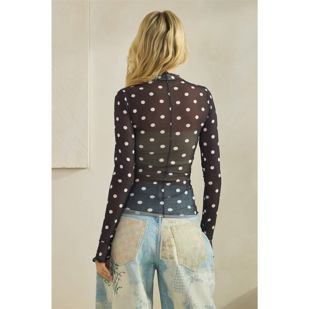 Lace Long Sleeve See Through Top: Ivory Polka Dot