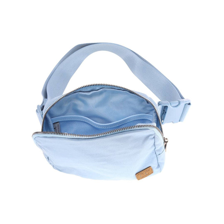 pocket view of Steel Blue C.C Belt Bags - Stylish and functional belt bags in a steel blue color. Features include a zippered pouch with elasticized compartments, adjustable strap, and waterproof design