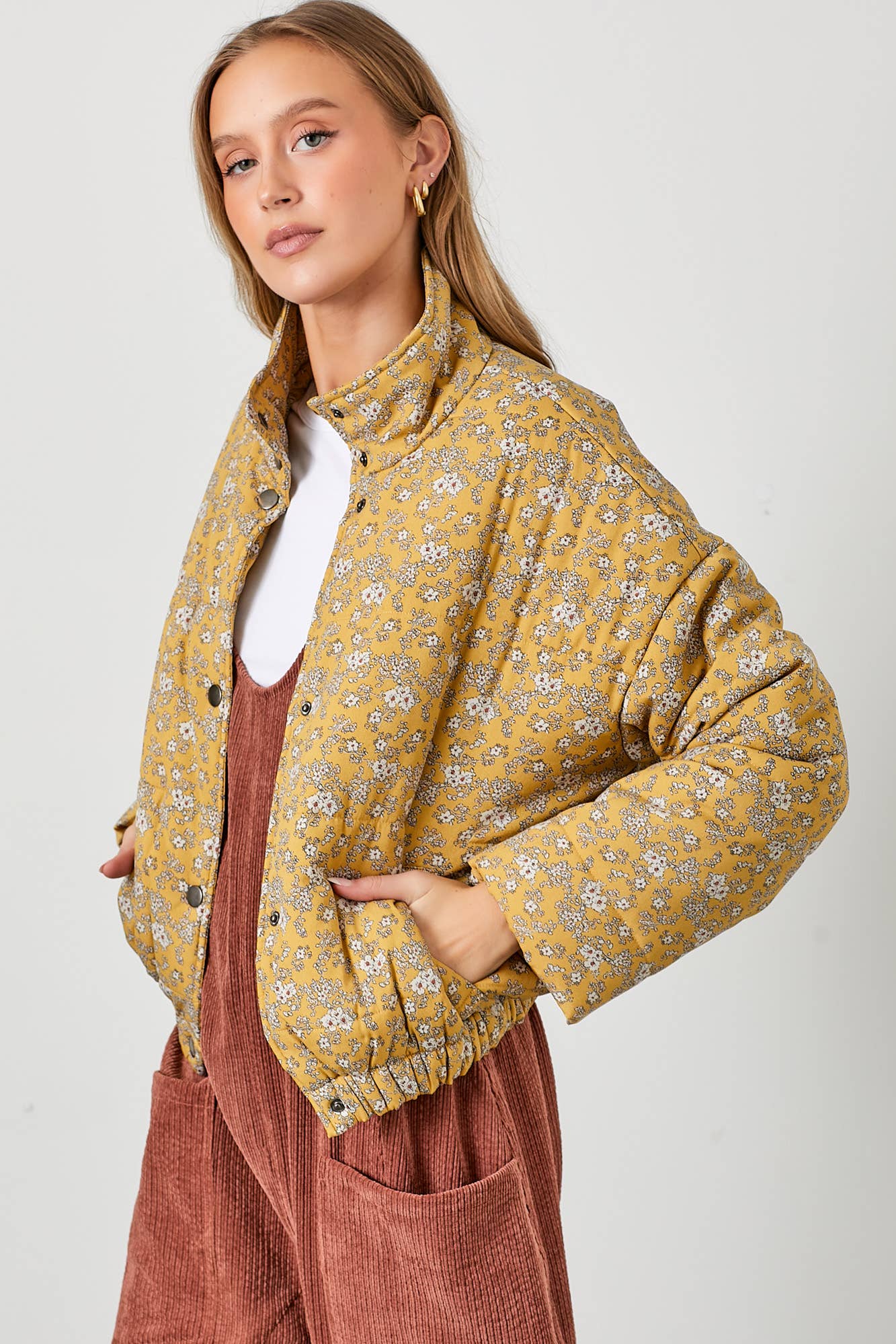 FLORAL PRINT SNAP BUTTON PUFF JACKET