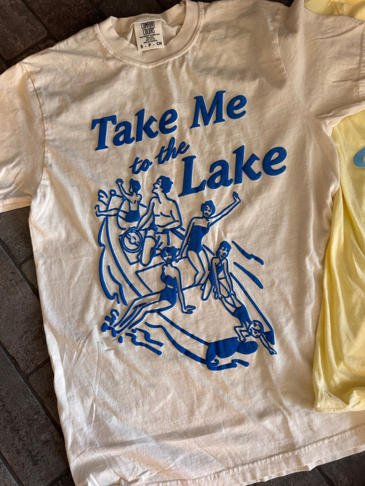 close view Take Me to the Lake Tee — cream Comfort Colors® tee with vintage blue lake graphic, Jo Johnson Overby collaboration by Onyx Native

