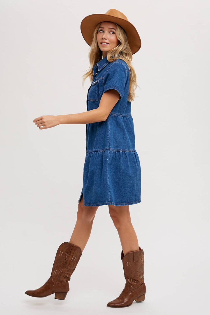 DENIM TIERED BUTTON FRONT SHIRT DRESS