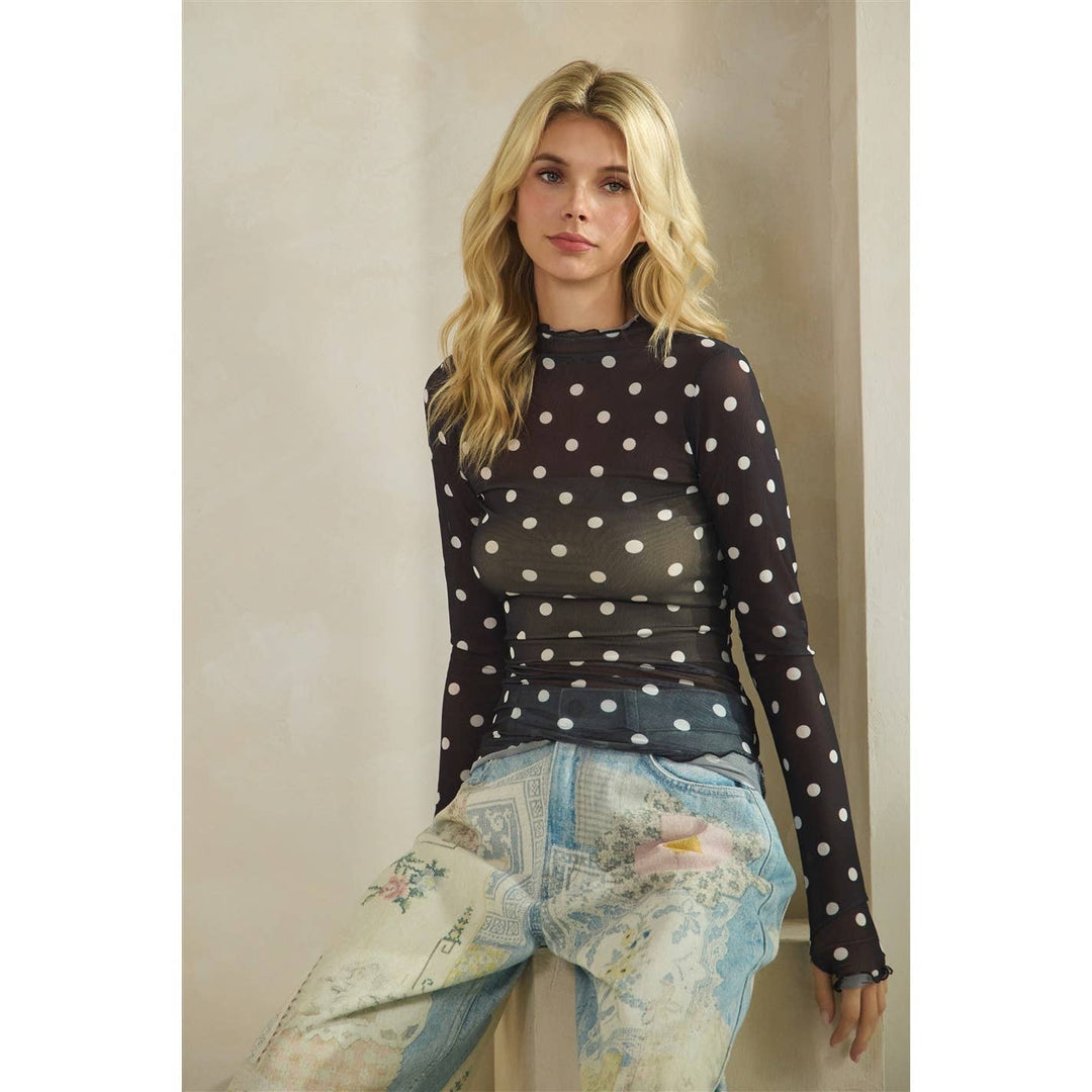 Lace Long Sleeve See Through Top: Ivory Polka Dot