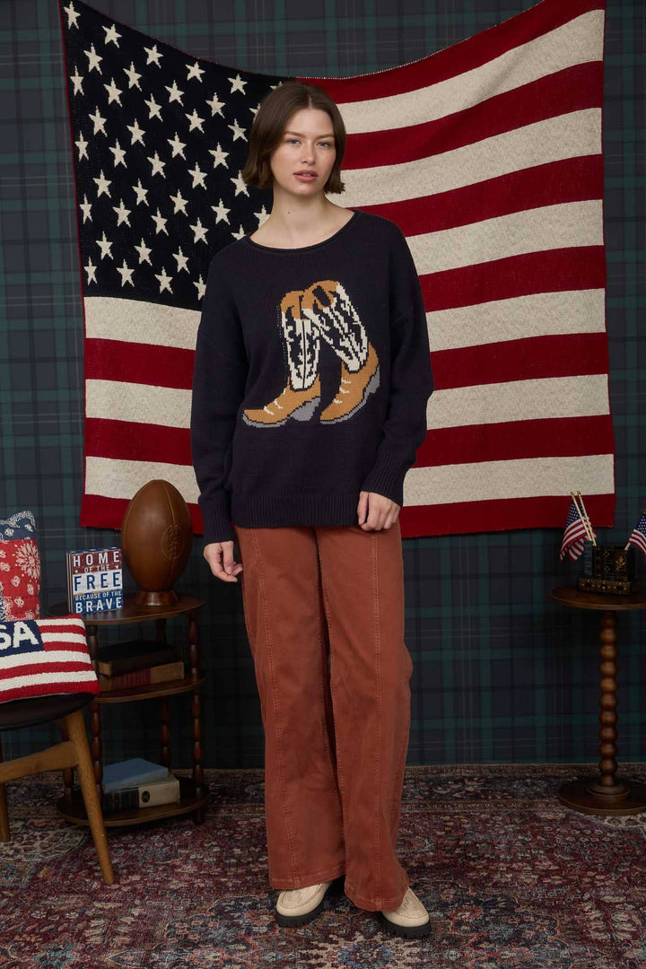 WESTERN BOOT JACQUARD LONG SLEEVE KNIT SWEATER: NAVY