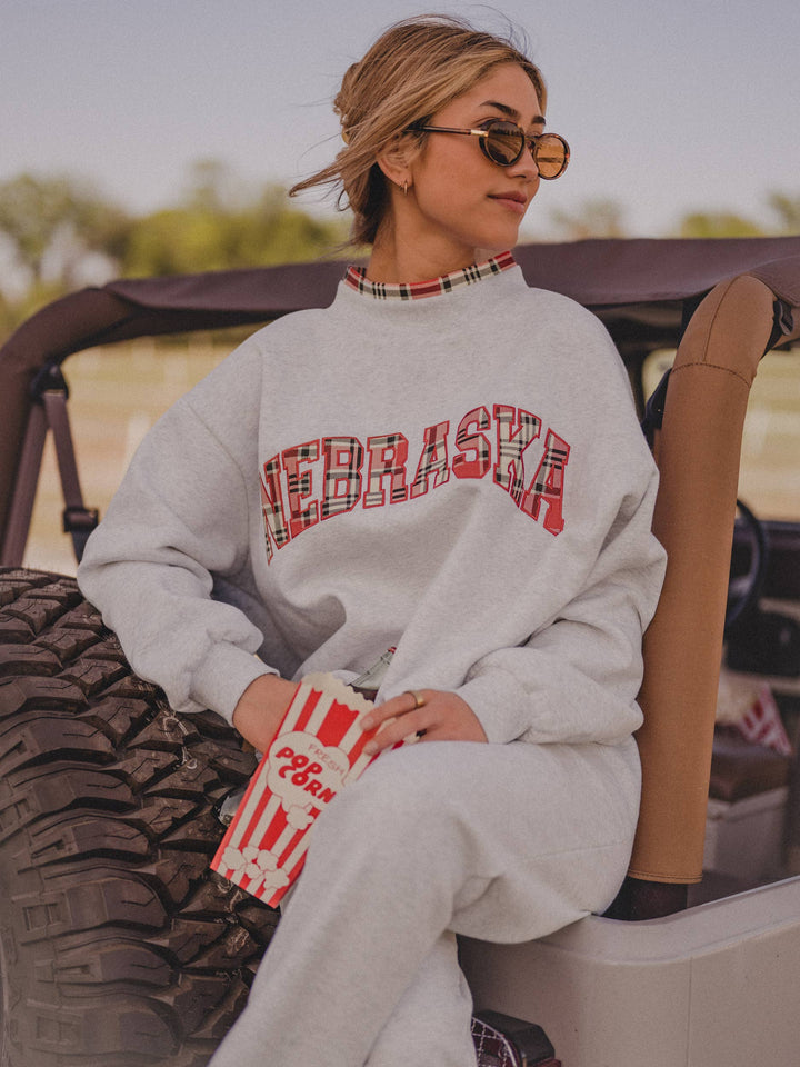 Nebraska Huskers Varsity Plaid Gray Mock Neck Sweatshirt