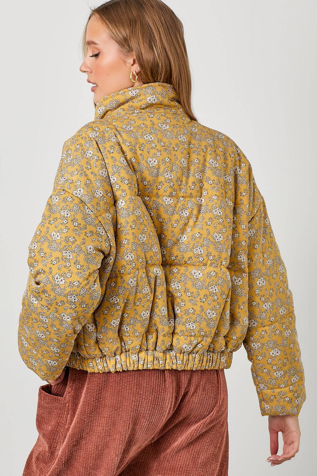 Floral Print Snap Button Puff Jacket