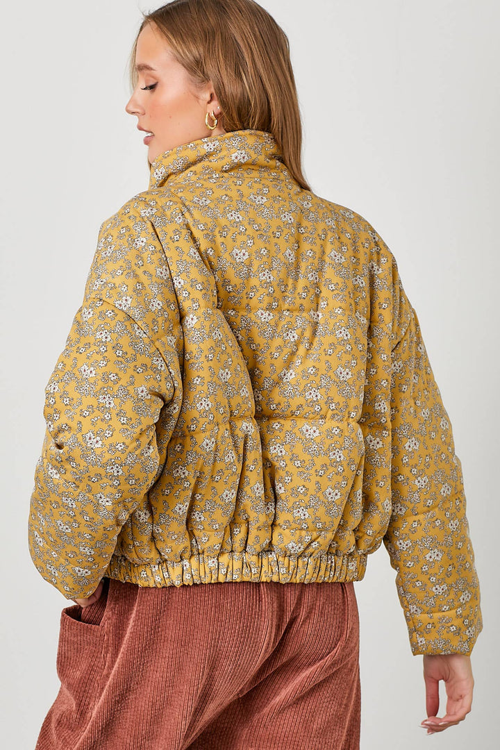 Floral Print Snap Button Puff Jacket