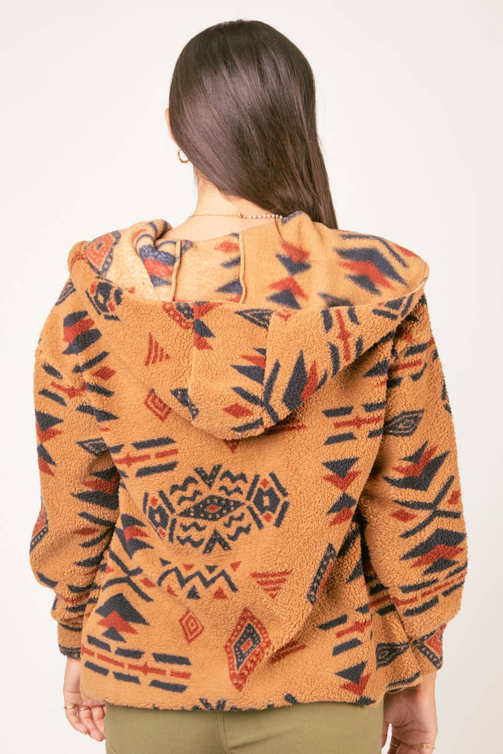 PLUS SIZE Aztec Print Hood Oversize Fleece Jacket: CAMEL