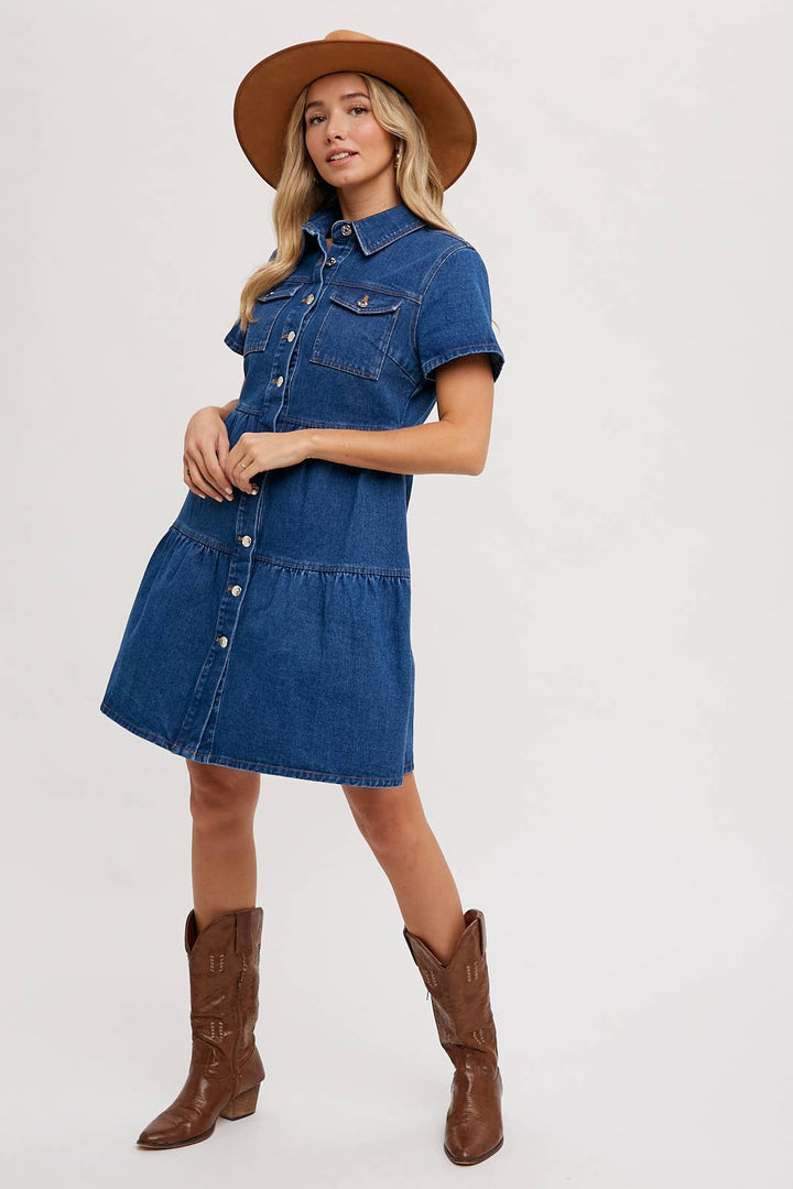 DENIM TIERED BUTTON FRONT SHIRT DRESS