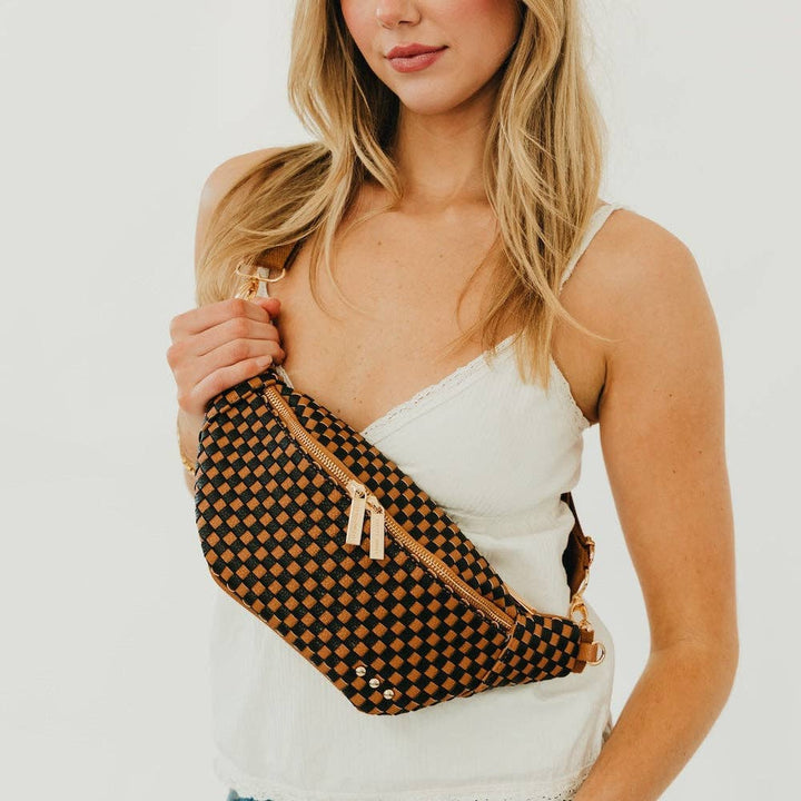 Woven Susie Sidekick Bum Bag: Woven Checkered Black & Brown