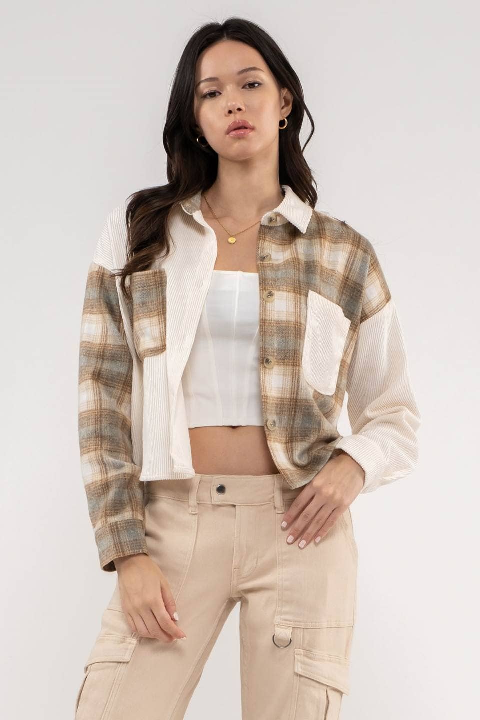 CONTRAST PLAID PATCHWORK BUTTON UP TOP: IVORY