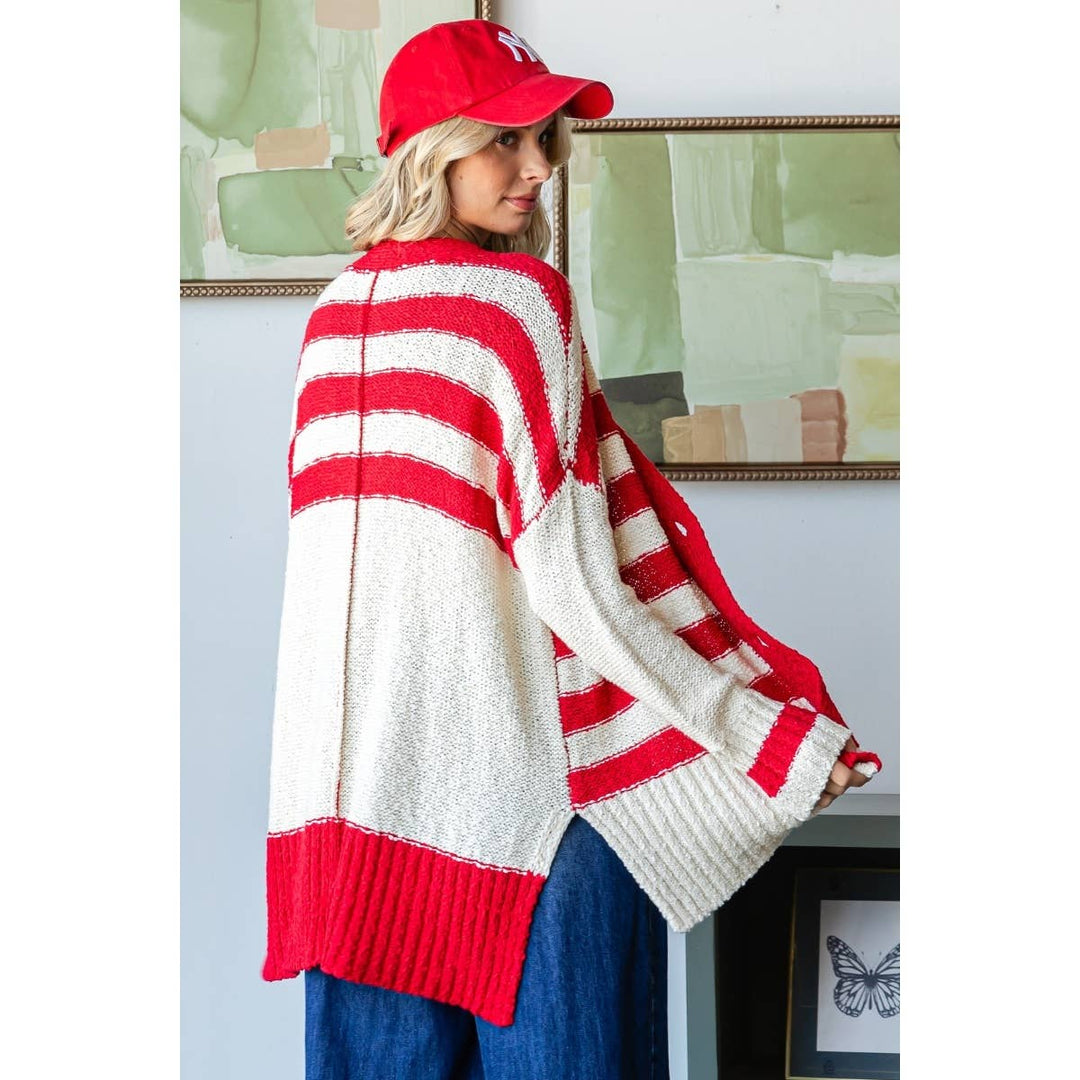 back detailed view of Sally Stripe Mix Oversize Cardigan with 3-button front, solid stripe accents, and side slit design, available at Onyx Native.
