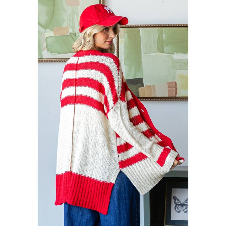 back detailed view of Sally Stripe Mix Oversize Cardigan with 3-button front, solid stripe accents, and side slit design, available at Onyx Native.