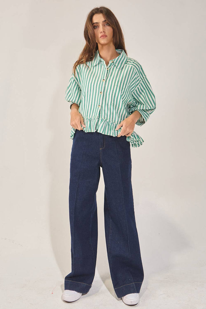 Green Springs Ruffled Detail Striped Top