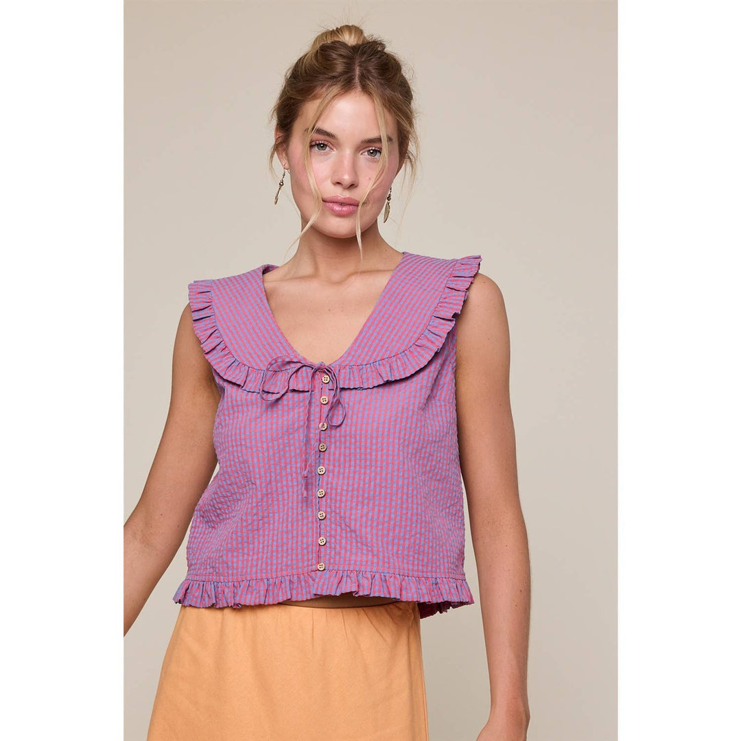 RUFFLED COLLAR PLAID BLOUSE