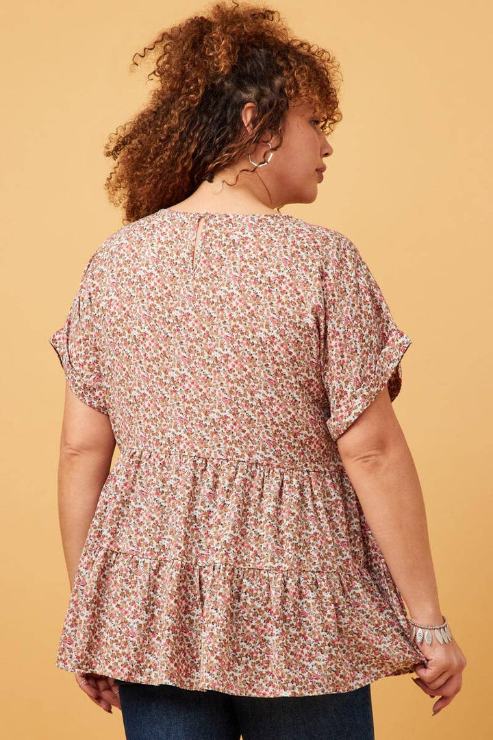 Womens Ditsy Floral Cuffed Tiered Baby Doll Top