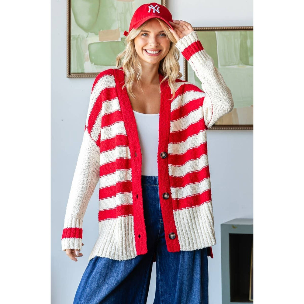 Sally Stripe Mix Oversize Cardigan with 3-button front, solid stripe accents, and side slit design, available at Onyx Native.