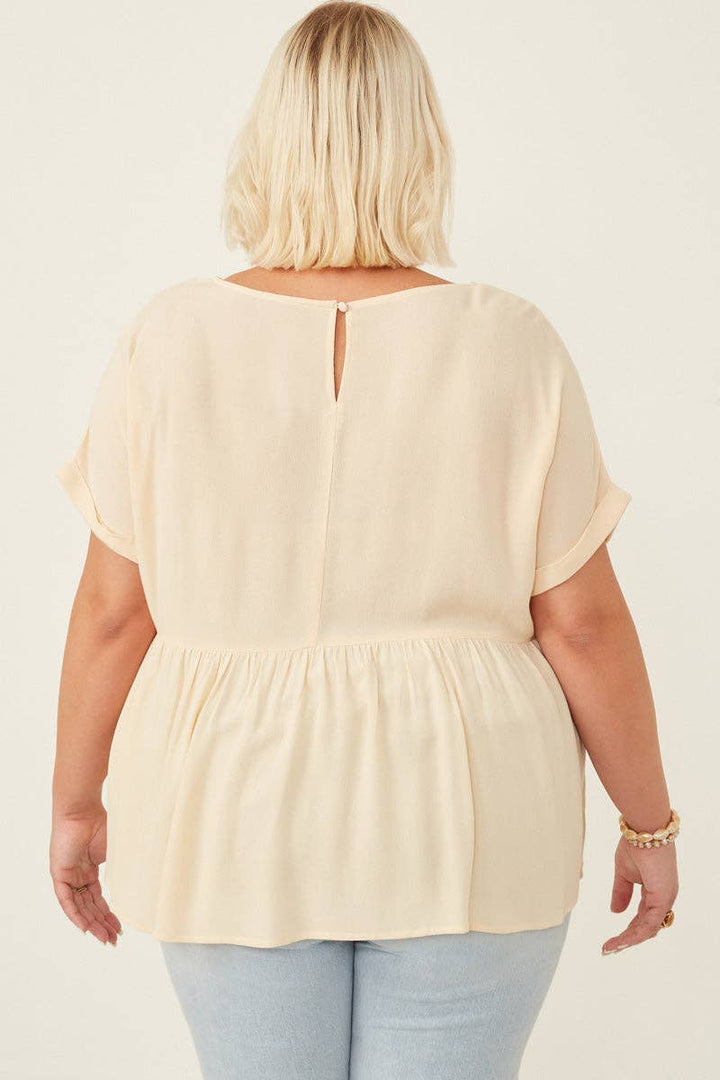 Womens Crochet Trimmed Dolman Sleeve Babydoll Top: Taupe