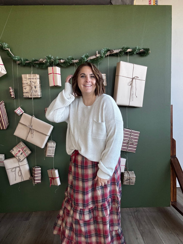 Ruffle Red Check Plaid Tiered Midi Skirt