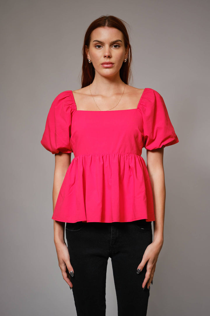 Coral Puff Sleeve Peplum Top with Square Neckline and Tie Back