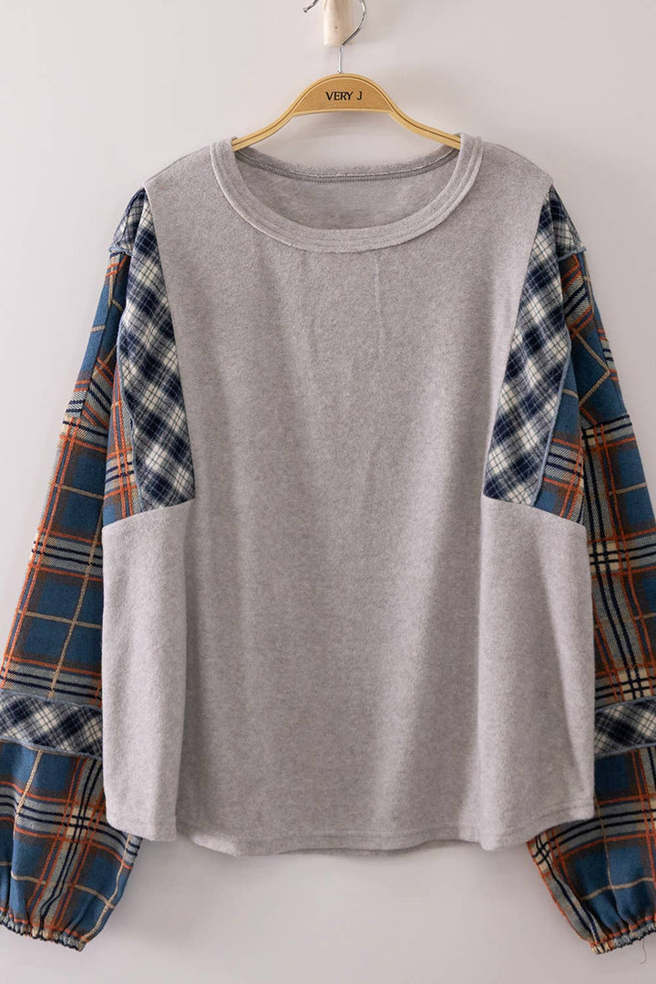 NT12815-Contrast Plaid Sleeve Top: GRAY / S-M-L/2-2-2