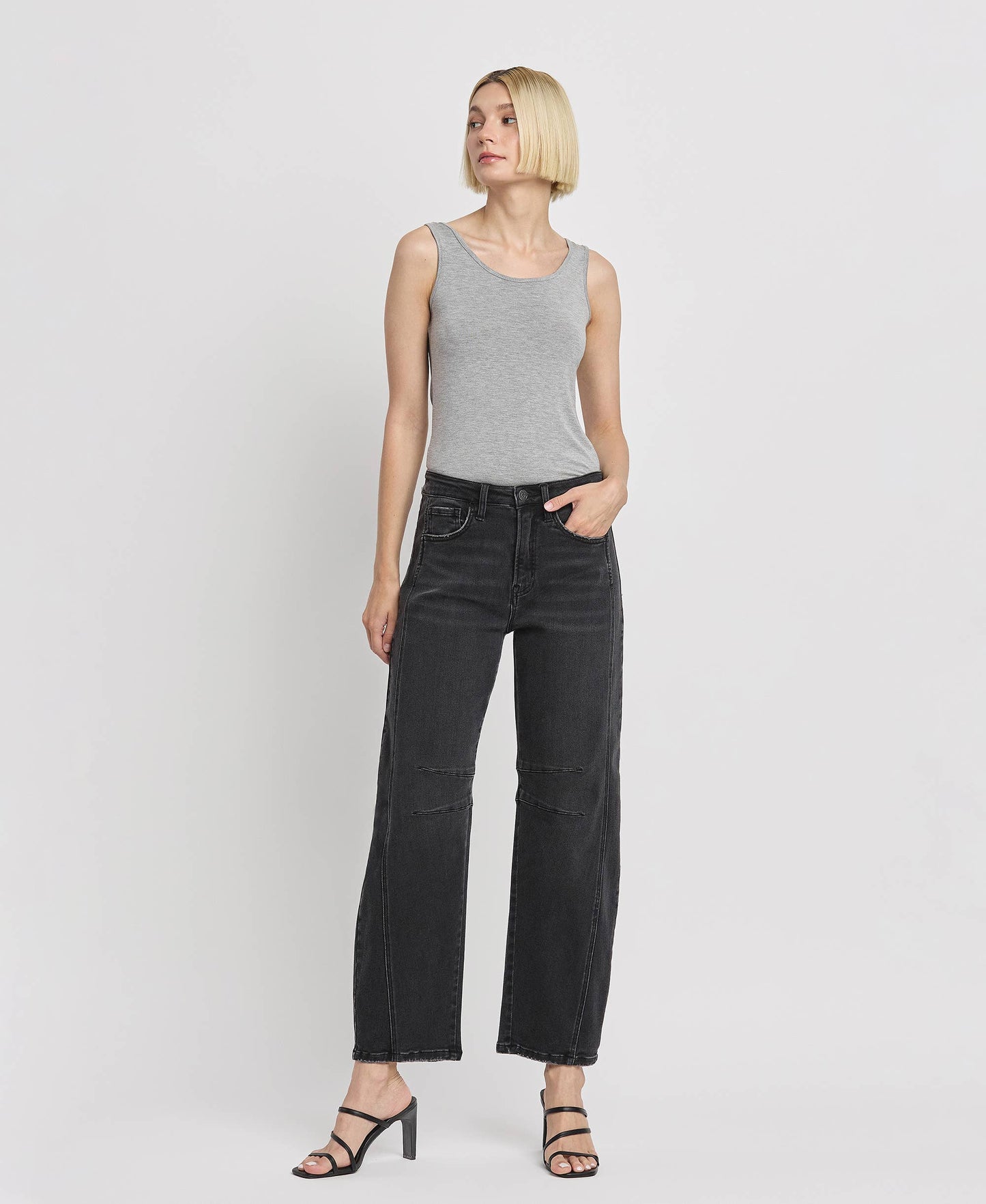 BLACK HIGH RISE ANKLE BARREL LEG JEANS