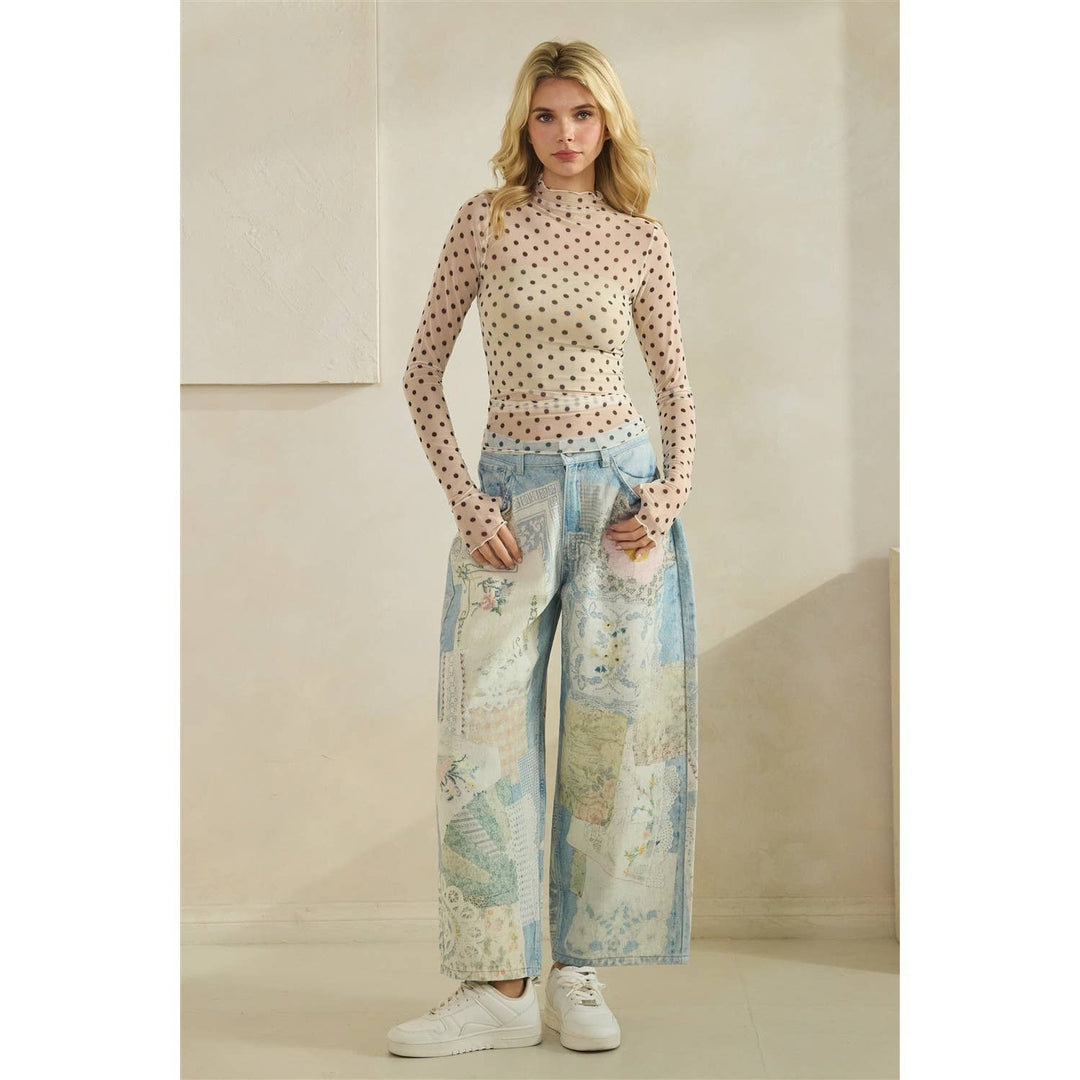 Lace Long Sleeve See Through Top: Ivory Polka Dot