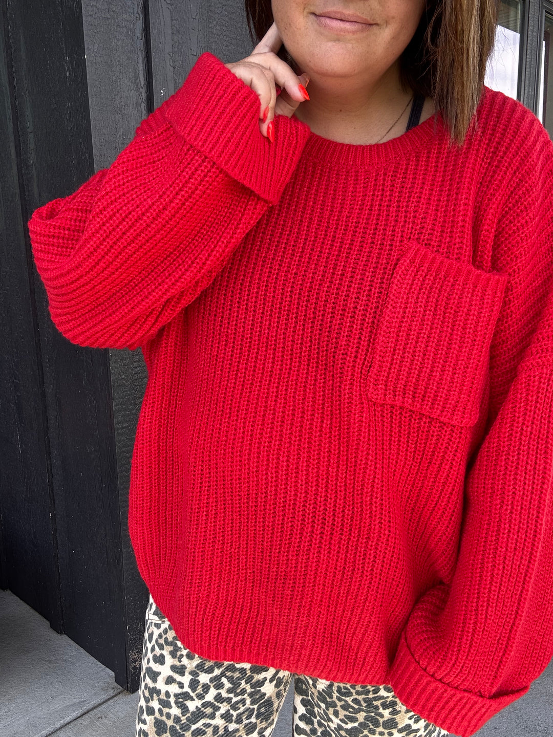 Red Ruby Oversized Casual Ribbed Knit Sweater