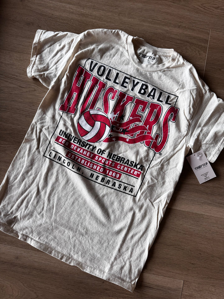 Nebraska Huskers Volleyball Stars Off White Thrifted Tee