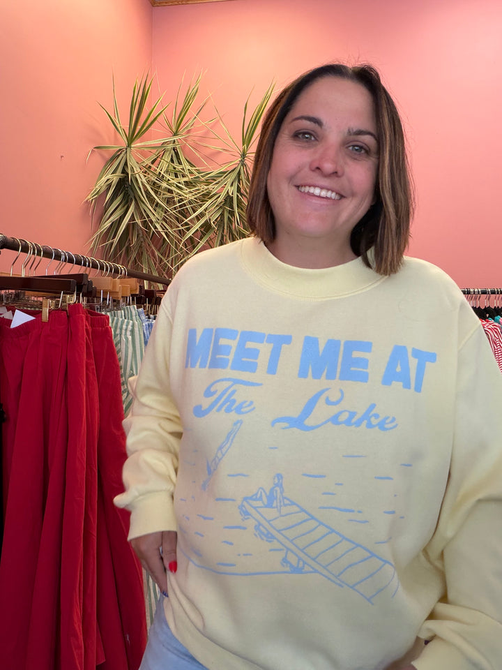 Meet me at the lake butter yellow mockneck crew