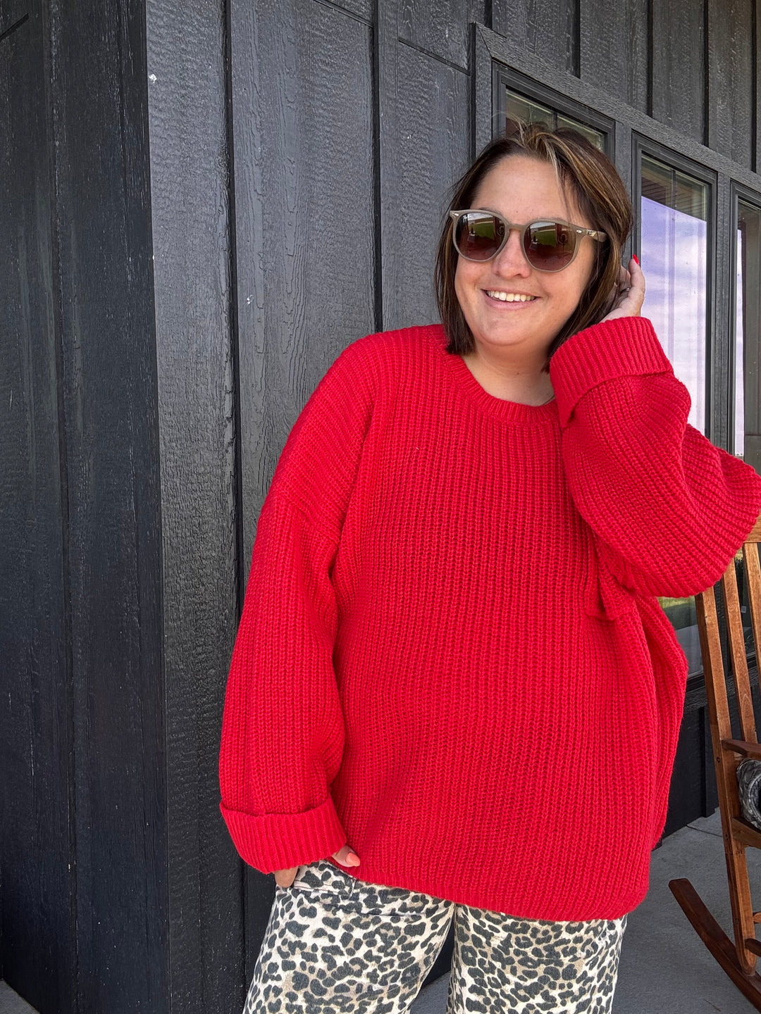 Red Ruby Oversized Casual Ribbed Knit Sweater