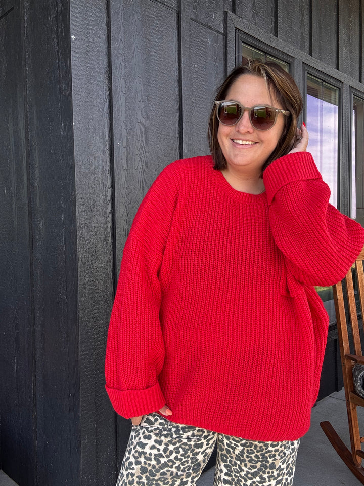 Red Ruby Oversized Casual Ribbed Knit Sweater