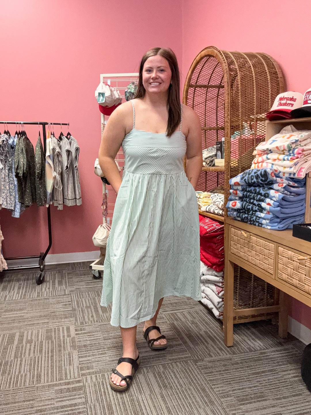 Striped Spaghetti Strap Dress: Sage Green & Orange