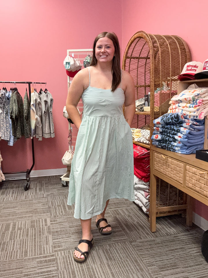 Striped Spaghetti Strap Dress: Sage Green & Orange