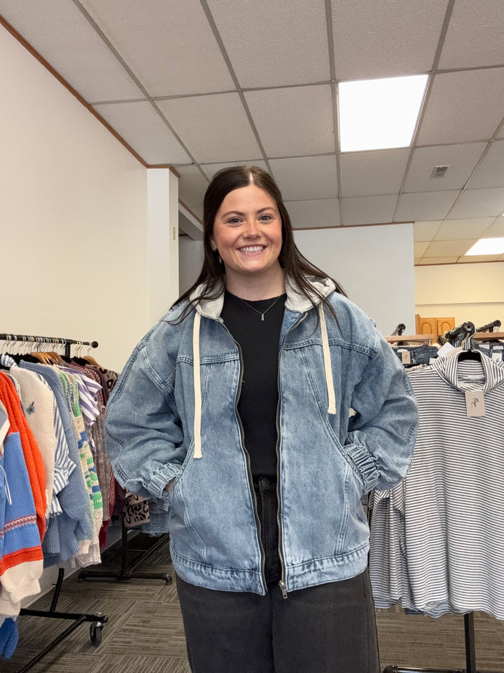 Leslie Sweater Hooded Zip Denim Jacket