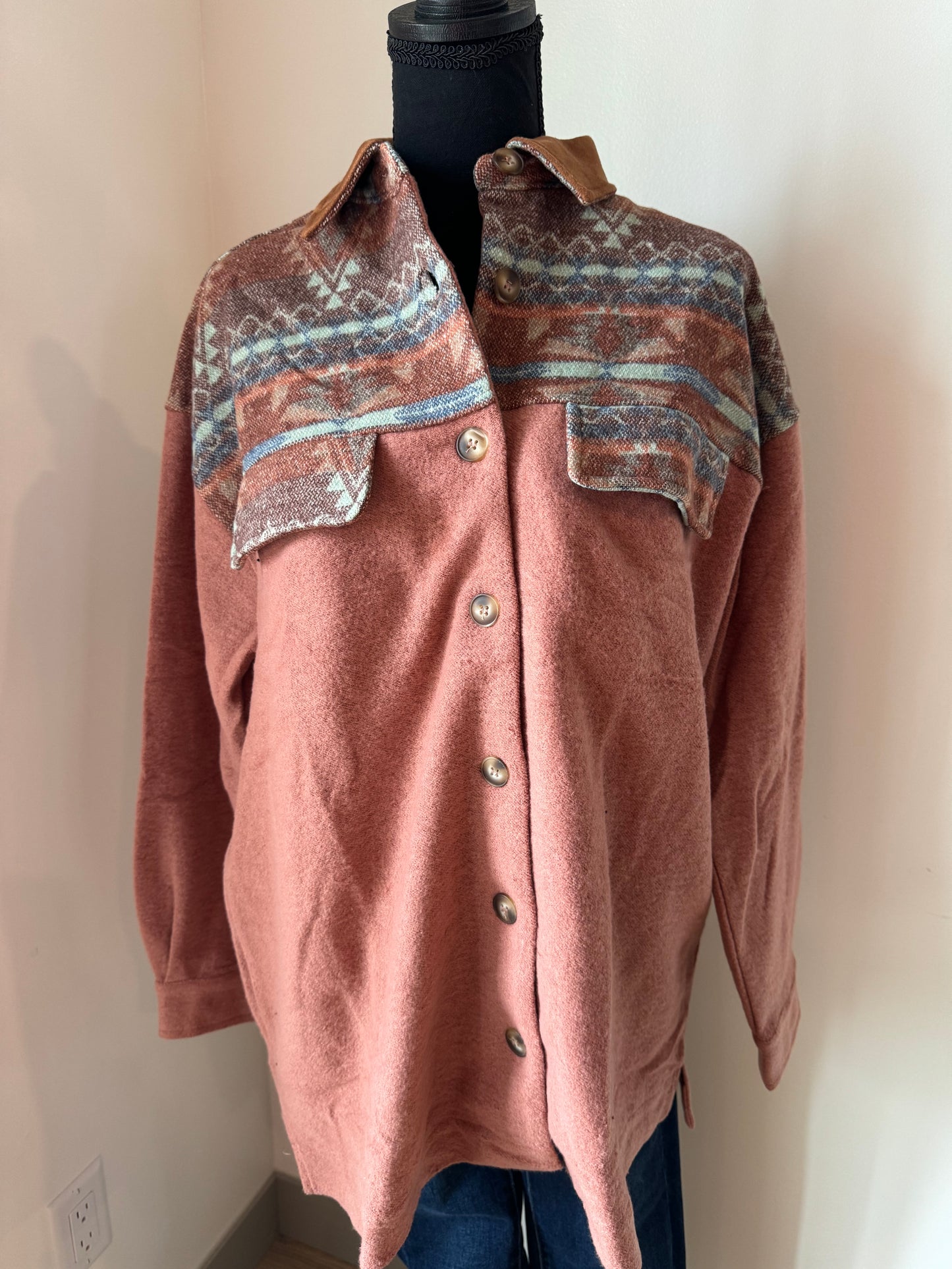 mannequin view of Brush Aztec Contrast Suede Collared Shirt Jacket with Pocket Front and Button-Up Closure.