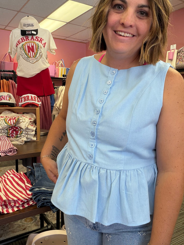 PEPLUM BUTTON-UP TOP